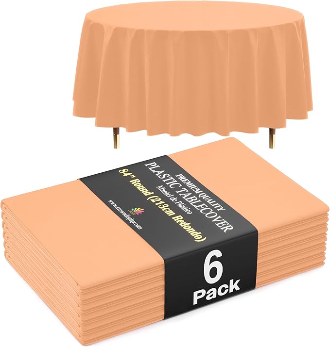 Exquisite 66% Thicker Premium Peach Round Tablecloth 0.5 Mil 6 Pack Plastic Table Cloth Disposable 84 Inch Round Plastic Tablecloth Won't Tear Easily Like Cheap Thin Brands