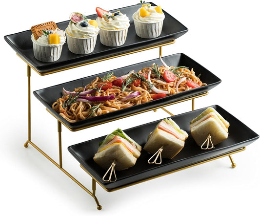 LYEOBOH 3 Tier Serving Tray Set, Tiered Serving Stand with Platters, Serving Dishes for Entertaining Halloween Christmas Party, Collapsible Sturdier Stand & 14 Inch Large Platters for Food Display