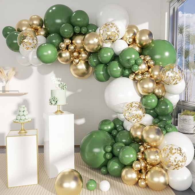 MEBAY Green White Gold Balloon Arch Kit, 146Pcs Avocado Green Metallic Chrome Gold Confetti and White Latex Balloons for Wedding Birthday Baby Shower Decoration
