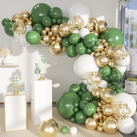 MEBAY Green White Gold Balloon Arch Kit, 146Pcs Avocado Green Metallic Chrome Gold Confetti and White Latex Balloons for Wedding Birthday Baby Shower Decoration