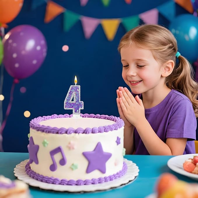 K-pop Number 4 Birthday Candle, Star Glitter Filled Number Candle, Purple Silver Fantasy Cake Topper for Birthday Party Decoration