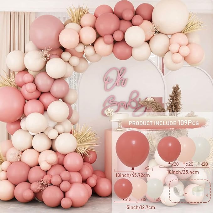 Retro Blush Pink Balloon Arch Kit-Dusty Pink Cream Peach White Sand Balloon Garland,Boho Pastel Pink Balloons Party Decorations for Birthday,Baby Shower,Wedding Bridal 109PCS