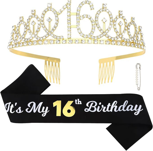 CAVETEE Gold Birthday Crown and Tiara for Women, Sash for Girls - Birthday Party Decoration