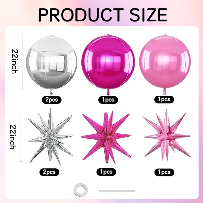 TONIFUL 8Pcs 22Inch Silver Pink Rose Red Large 4D Giant Round Star Balloons Explosion Star Mylar Balloons Set for Christmas New Year Birthday Wedding Bridal Shower Anniversary Photo Booth Supplies