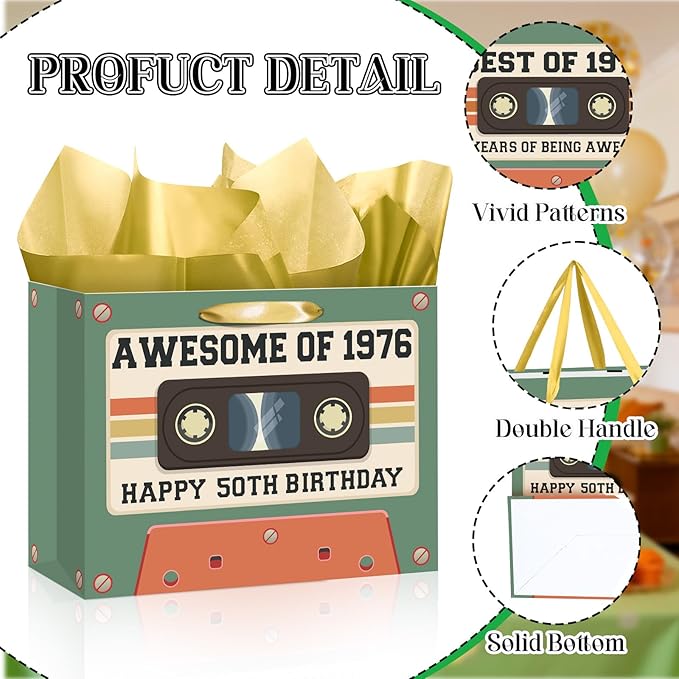 50th Birthday Gift Bag for Men Women Retro Tape 1976 Birthday Party Favor Bags with Tissue Paper and Card Green Vintage Cassette 50 Years Old Gift Wrapping Bag Decorations for Mom Dad Friends Gifts