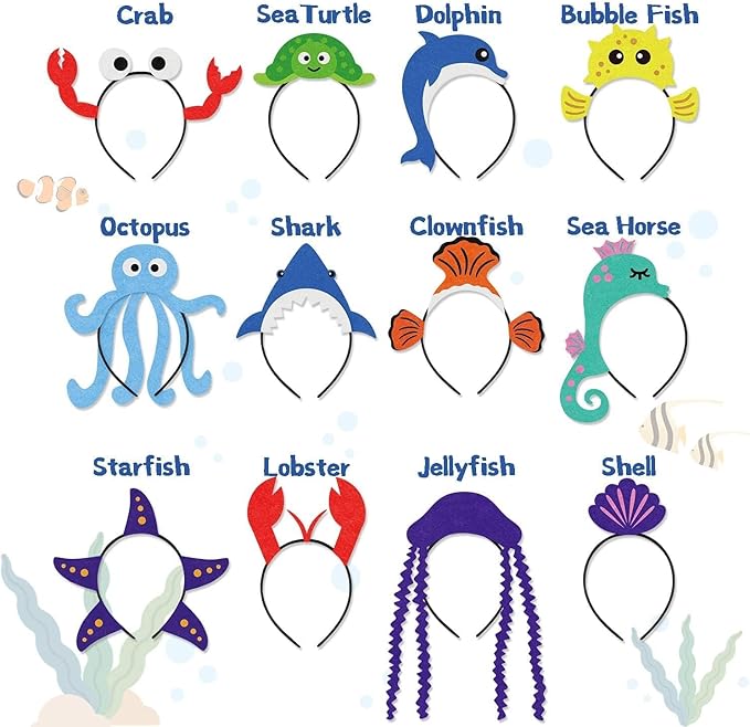 CiyvoLyeen 12Pcs Sea Animal Fish Headband Under the Sea Themed Birthday Ocean Party Favors Decorations for Students Costumes Dress-up Jellyfish Shark Octopus Turtle Dolphin See Horse Lobster Hat