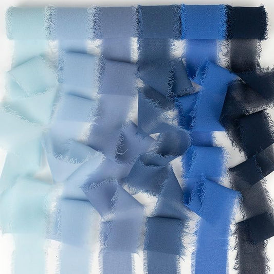 Handmade Fringe Chiffon Silk Ribbon - 1 Inch x 3Yd, Baby Blue & French Blue, Wedding Invitation & Gift Wrapping