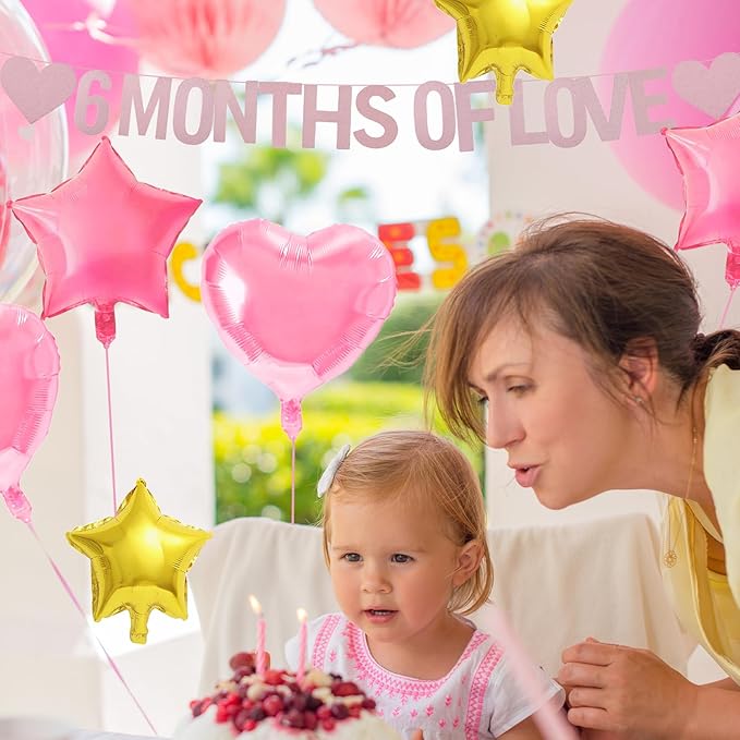 6 MONTHS OF LOVE Banner with Heart Foil Balloons and Star Balloons, Half Birthday and 6 Month Anniversary Decorations for Baby Shower, First Birthday, Couple Celebration, and Romantic Love Party Decor