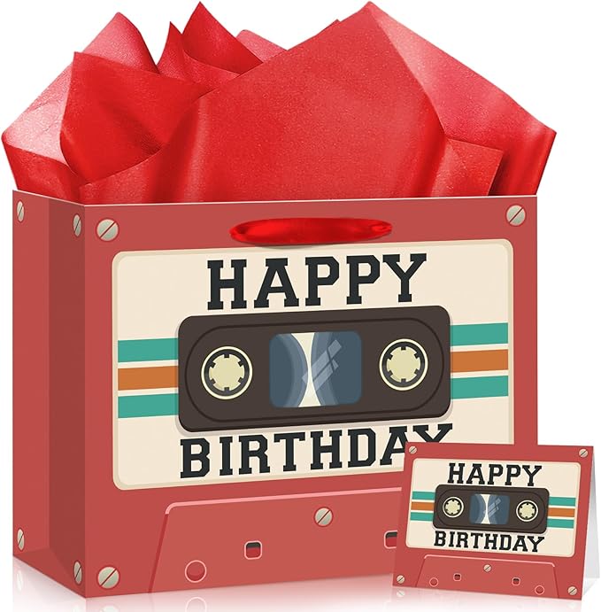 Tape Cassette Birthday Gift Bag Red Retro Tape Birthday Party Favor Bags with Tissue Paper and Greeting Card Vintage Mixtape Gift Wrapping Paper Bag for Men Women 50s 60s 70s 80s 90s Music Bday Gifts