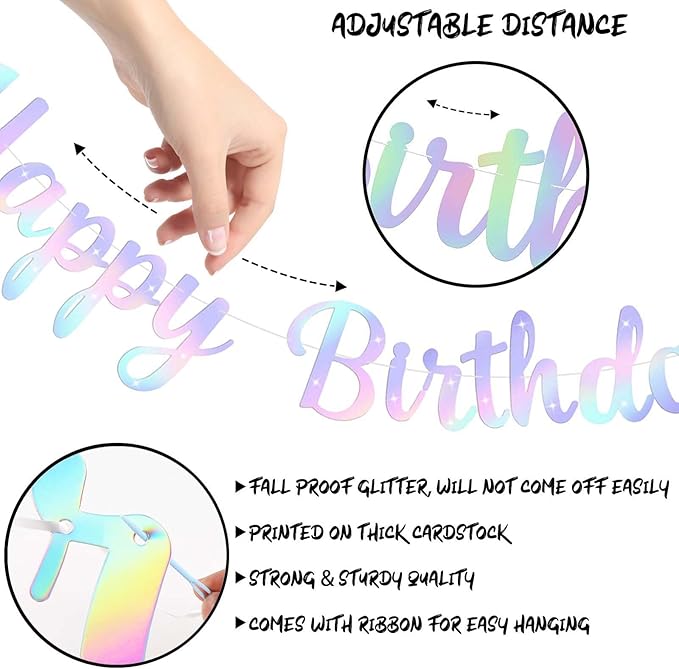 Glitter Happy Birthday Banner Sign, Rainbow Gradient Party Supplies Photo Prop Decorations for Women, Girls, Reusable Birthday Backdrop Banners, Glittering Decor for Unicorn Themed Party (Iridescent)