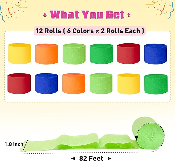 Crepe Paper Streamers, 12 Rolls Party Streamers, 6 Colors 984 Ft Streamers Party Decorations for Birthday, Wedding, Baby Shower, Holiday, DIY Crafts, Backdrop
