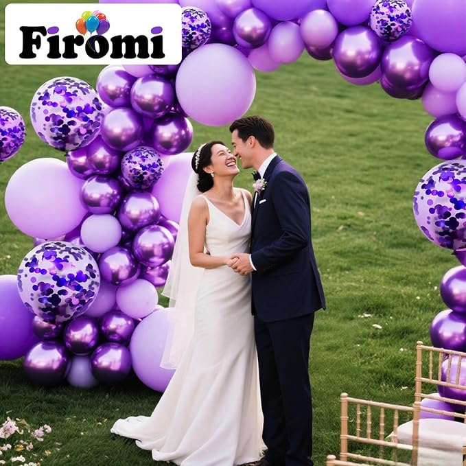 Firomi Metallic Purple Balloons Set 12-inch 70 Pack Chrome Purple and Premium Latex Lavender Lilac and Purple Confetti Balloons for Birthday Bridal Shower Wedding Party (with 2 Ribbons)