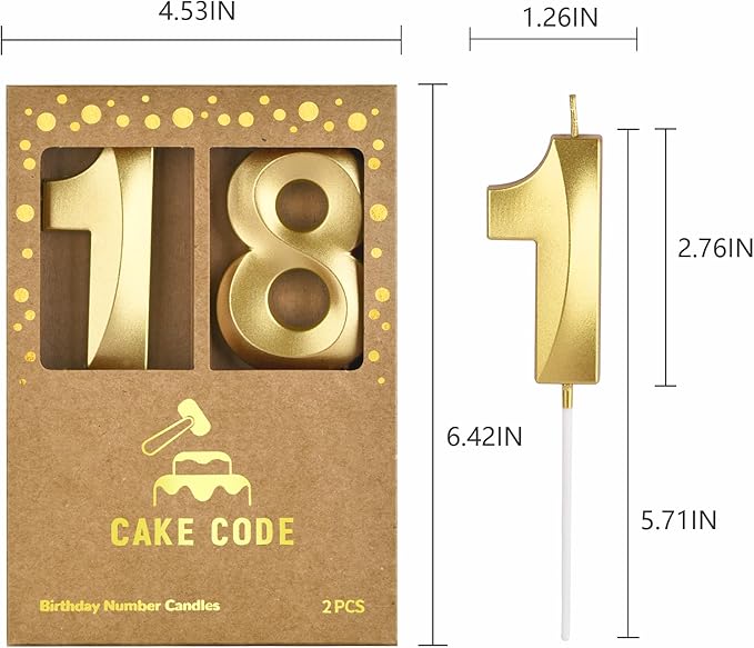 2.76 Inch Diamond Gold 18 Number Birthday Candles, Gold Number Candles, Cake Number Candles, Party Celebration