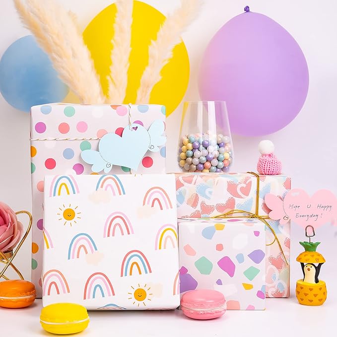 Larcenciel Gift Wrapping Paper, Birthday Wrapping Paper for Girl w/Gift Tags, Rainbow Polka Dots Heart Gift Wraps for Birthday, Valentines Day, Christmas, Wedding, Baby Shower, 4 Sheets 27.5x19.6inch