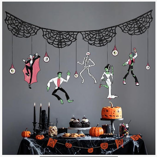 Cheerland Halloweens Garland Skeleton Garland Decoration Spooky Banner Spider Web Halloween Party Decorations Hanging Monster Bash Haunted Summerween Gothic Horror Birthday Skull Party Supplies