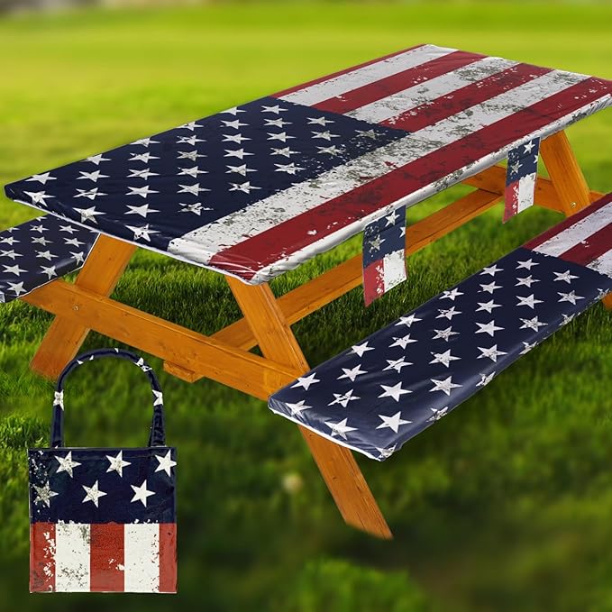 Fitted Picnic Table Cover with Bench Covers Waterproof Elastic Edges Rectangle Patio Tablecloth Outdoor Camping Essentials Stuff Rv Accessories Summer Trip Travel Camper Gifts for Woman Men, 72in 6 ft