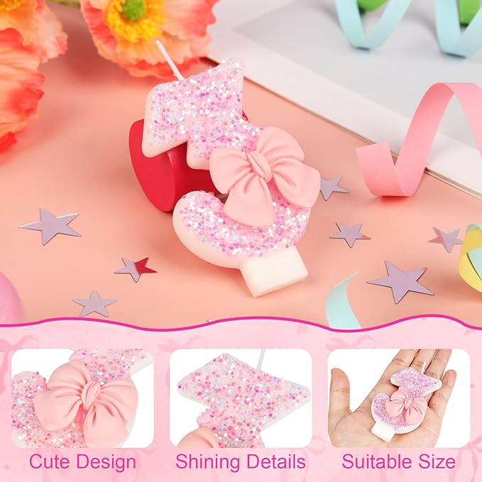 Pink Bow Number 3 Birthday Candle, Glittering Candles Birthday Cake Topper, Princess Themed Party Decor for Girls and Women Anniversary Party Supplies