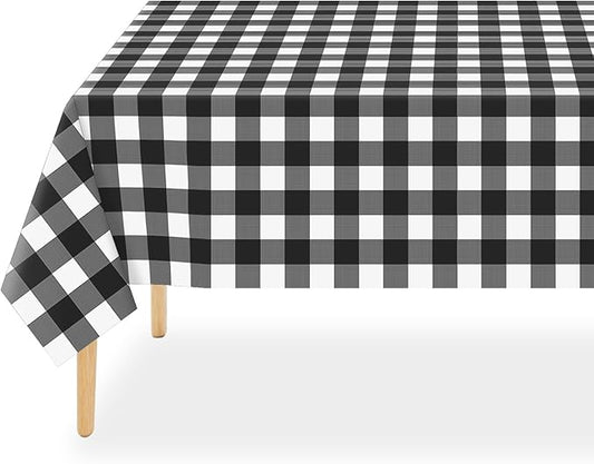 QIKSION Black Gingham Tablecloth Disposable 2 Pack, 54 x 108 Inch Black and White Checkered Table Cloth for Picnic, Outdoor BBQ Decorations, Birthday Party Supplies, Rectangle, Plastic Table Cover