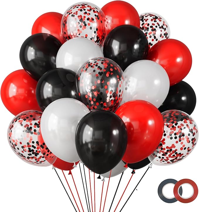 RUBFAC Red and Black Balloons Kit 65pcs 12 Inches with White and Confetti Balloon, Party Balloons for Birthday, Graduation, Stranger Things or Casino Theme Party Decorations