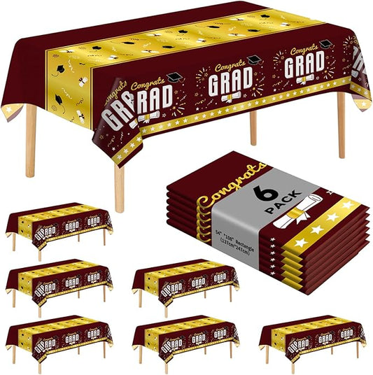 6 Pack Disposable Plastic Tablecloth 54" x 108" Burgundy Class of 2026 Grad Party Table Cloths Disposable for 6 to 8 Foot Tables Graduation Party Indoor or Outdoor (Graduation Burgundy)