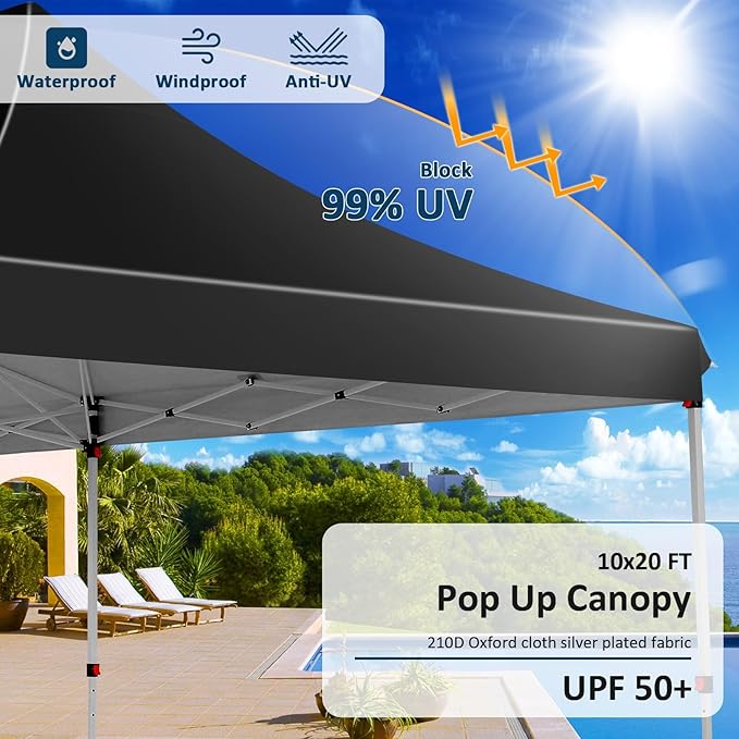 COBIZI 10x20 Pop Up Canopy with 6 Sidewalls, Conical Canopy Tents for Parties, Backyard, Commercial, Waterproof Event Tent Instant Shelter UV50+ Outdoor Gazebo with 4 Sandbags (Peak Drainage)