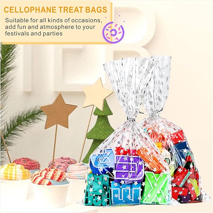 100 Pcs 7 x 12 Inch Clear Cellophane Treat Bags with 100 Silver Twist Ties, Silver Star Printed Heat Sealable Candy Bags for Cookies, Bakery, Party Favors, Gift Wrapping