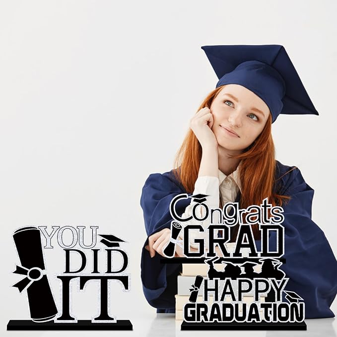 4Pcs Black and Silver Graduation Decorations 2026 Wooden Table Centerpieces Class of 2026 Table Toppers Congrats Grad Tiered Tray Decor for 2026 Graduation Table Decorations