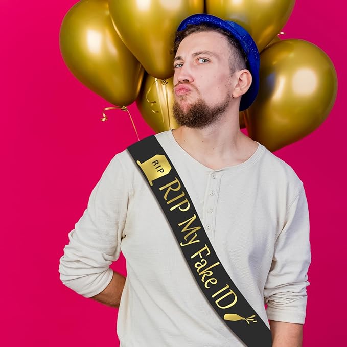 21st Birthday Sash for Men and Women, Funny RIP My Fake ID Birthday Sash, Finally 21 Bday Sashes, Ideal Twenty One Sashes Party Favors Supplies and Decorations for Your 21 Bday Party(Black,Gold)