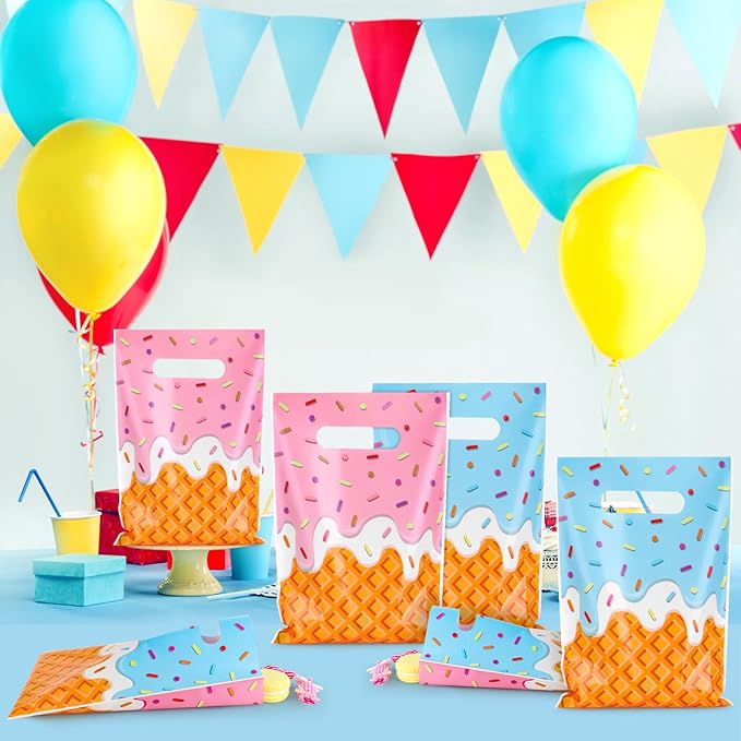 Hxezoc 50 Pieces Ice Cream Gift Bags Plastic Ice Cream Bags Practical Party Bag Party Favors for Cute Summer Theme Birthday Party Decoration Supplies