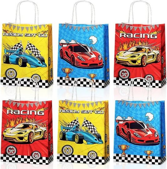 24 Pcs Racing Car Party Favor Bags with Handles - Race Car Goodie Bags Gift Bags. Checkered Two Fast Theme Candy Bags for Kids, Kraft Paper Bags for Birthday Party Supplies Decorations
