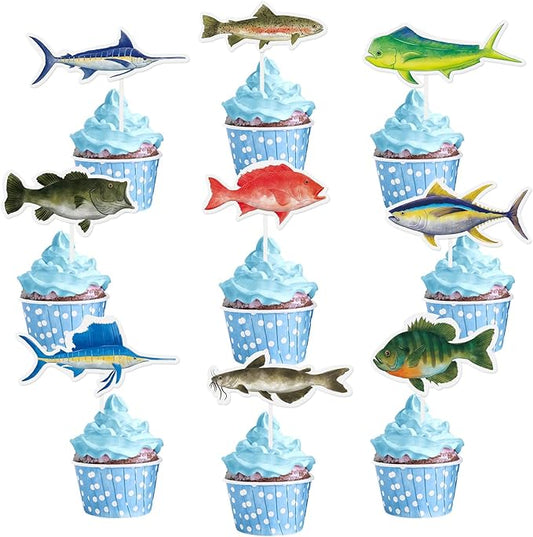 WERNNSAI 36PCS Fishing Cupcake Toppers - Fishing Birthday Party Cake Decorations for Kids Boys Gone Fish Cake Toppers Fishing Baby Shower Party Supplies Summer Outdoor Fishing Party Favors Cake Decor