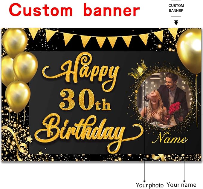 Custom Happy 30th Birthday Decorations Banner -30 Years Old Birthday Decorations Backdrop for Women Men Boys Girls - Personalization Happy 30th Birthday Party Decorations Supplies - Black and Gold