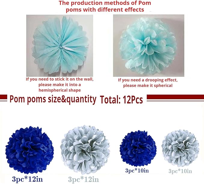 Blue Silver Tissue Paper Pom Poms 12Pcs- Hanging Paper Flowers for Wedding Birthday Graduations Christmas and Special Occasions(10 & 12 inch) ﻿
