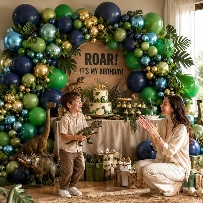134Pcs Blue and Green Balloon Garland Kit, Navy Blue Dark Green Gold Balloon Arch Kit with Metallic Chrome Balloons, Dinosaur Helium Latex Balloons for Dino Jungle Safari Birthday Party Decorations