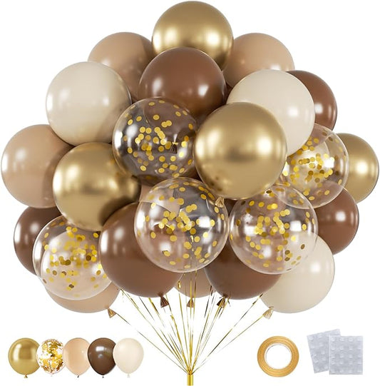 60pcs Brown and Gold Balloons, 12inch Neutral Sand White Confetti Balloons for Birthday, Baby Shower, Bridal Shower, Wedding Party Decorations