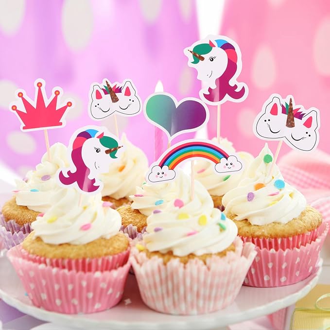 CCINEE 48pcs Rainbow Unicorn Cupcake Toppers Picks Double-Sided Paper Unicorn Cake Toppers for Birthday Party Dessert Decoration