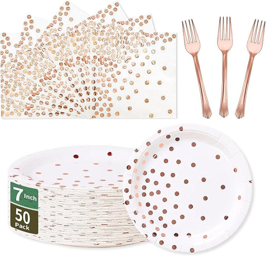 White and Rose Gold Paper Plates and Napkins Party Supplies-50 x 7''Dessert Plates & 50 x 6.5''Napkins & 50 x 7.3''Forks,Disposable Paper Tableware Set for Birthday,Wedding,Bridal Shower,Anniversary