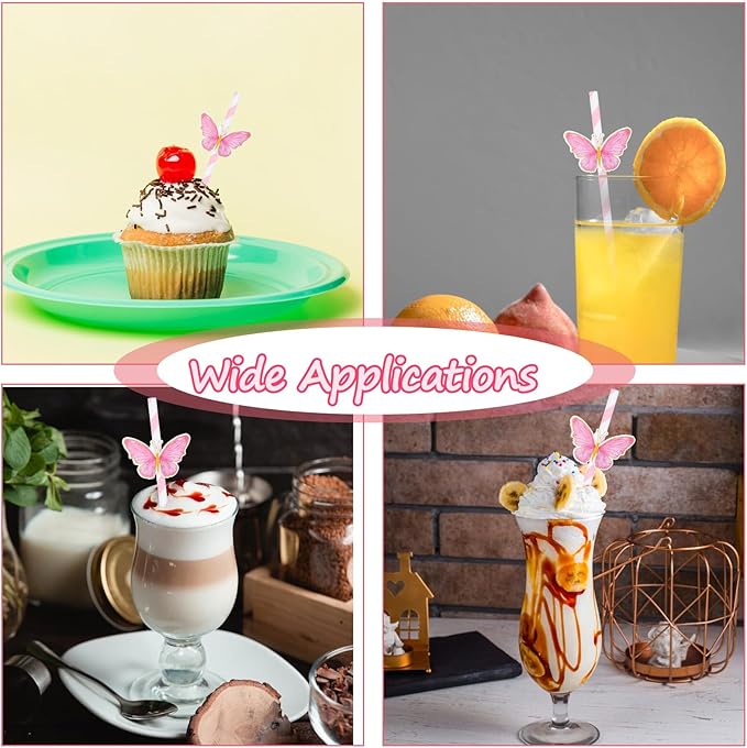 20 Pcs Butterfly Stripe Paper Straws, Pink Stripe Paper Party Straws Butterfly Floral Decor Cute Disposable Drinking Straws Set for Valentine's Day Birthday New Year Party Supplies Wedding