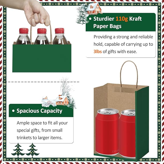 BagDream Forest Green Gift Bags with Handles 5.25x3x8 Inch 25Pcs Small Kraft Paper Gift Bags for Christmas, Thanksgiving, Craft, Outings, Party Favors, Retail, Grocery, Recyclable