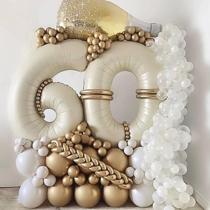Biapian 40 Inch Cream Number 60 Balloon, 60th Birthday Balloons, Big Digital 60 Beige White Giant 60 Foil Balloon Helium for Men Women 60th Birthday Decorations Anniversary Baby Shower Party Supplies