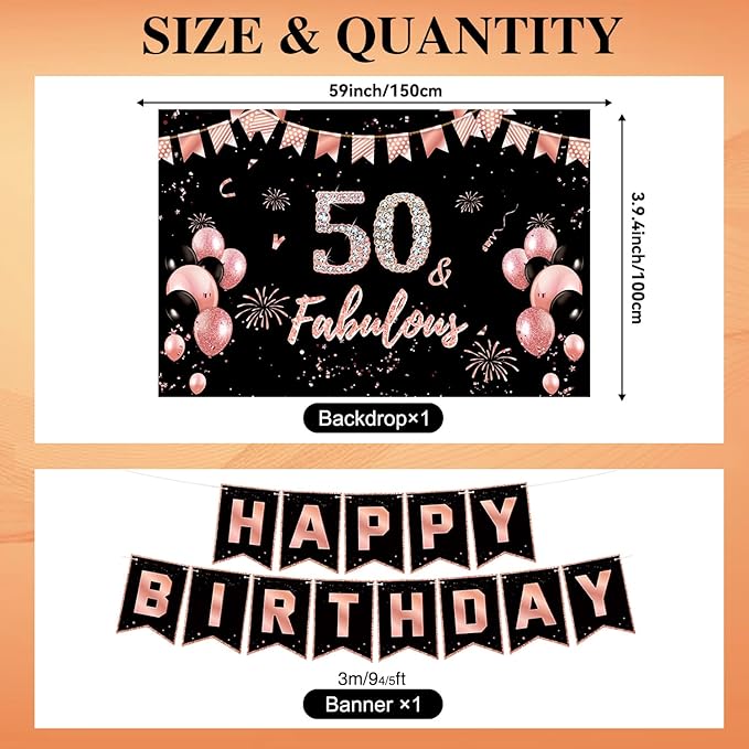 50th Birthday Decorations for Women, Pre-Strung Black Rose Gold Happy Birthday Banner Balloons Backdrop Honeycomb Centerpieces & Hanging Swirl Streamers, 50 Years Old Birthday Party Decorations Kit