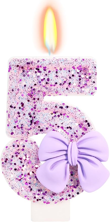 Birthday Candle for Cake, 5 Candle - Purple Glitter with Bowknot, 2.76 inch Cake Topper Decoration for 5 Years Old Birthday Party (Number 5)