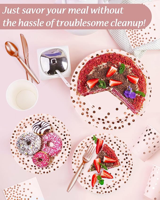 350 Pieces Party Supplies, Pink and Rose Gold Dots Party Plates Cups and Napkins Sets with Plastic Knives forks spoons, Disposable Tableware Serves 50 Sets for Wedding, Birthday, Graduation, Festivals
