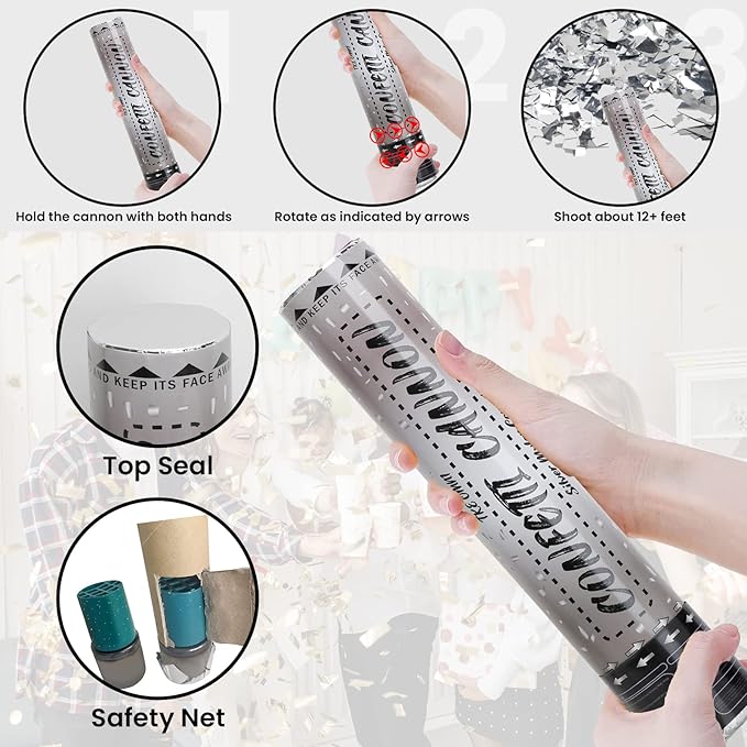 12 Inch Confetti Cannons (6 Pack) – Silver Mylar Confetti Poppers - Air Powered Party Poppers Confetti Shooters for Birthday, Wedding, Graduation, Christmas, New Year Celebrations