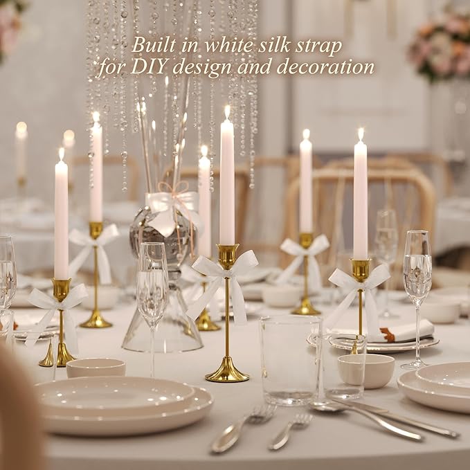 FSyueyun 6 Pcs Brass Candle Holders, Elegant Metal Taper Candle Holders Set, Modern Candlestick Holders for Table Centerpiece, Fireplace Mantel, Wedding, Christmas Home Decor and Housewarming Gift