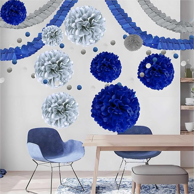 Blue Silver Tissue Paper Pom Poms 12Pcs- Hanging Paper Flowers for Wedding Birthday Graduations Christmas and Special Occasions(10 & 12 inch) ﻿