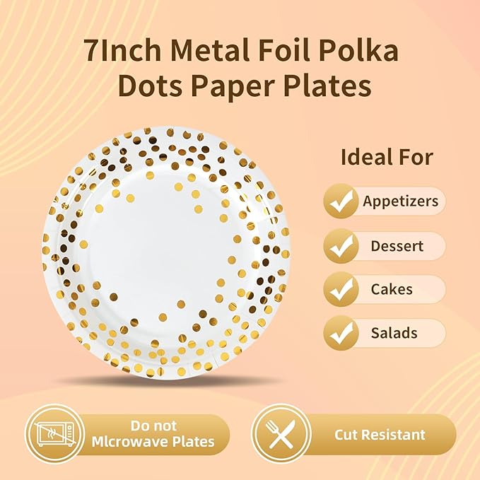 White and Gold Paper Plates and Napkins Party Supplies-50 x 7'' Dessert Plates & 50 x 6.5''Napkins & 50 x 7.3''Forks,Disposable Paper Tableware Set for Birthday,Wedding,All Occasions