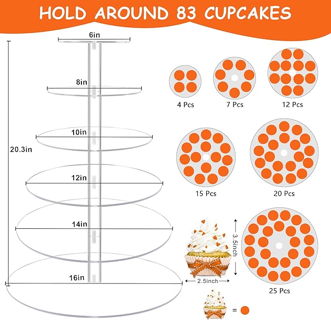 Cupcake Stand, 6 Tier Large Cupcake Stand for 50 Cupcakes, Round Tiered Cupcake Holder, Clear Acrylic Cup Cake Tower Stand, Dessert Table Display Set for Party, Wedding, Birthday, Party, Halloween