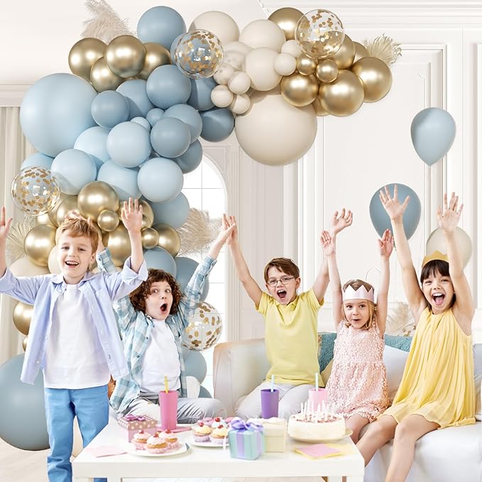 147pcs Dusty Blue Balloon Garland Arch Kit, Light Baby Blue Sand White Metallic Gold Confetti for Birthday Wedding Bridal Shower Boho Baby Shower Party Decorations