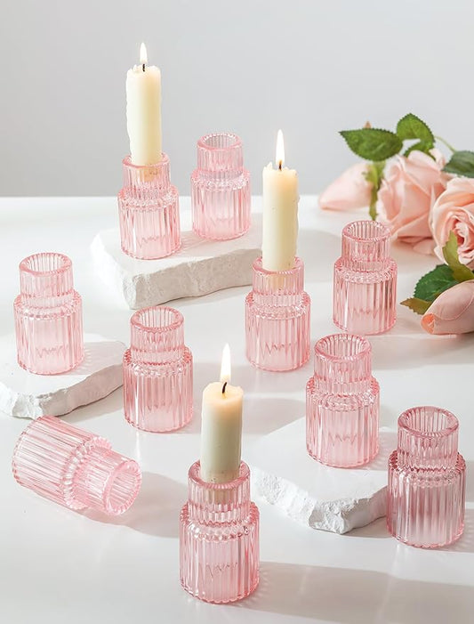 Romadedi Pink Glass Candle Holders - 10 Pcs Ribbed Candlestick Holder Bulk for Table Centerpiece Elegant Taper Holder for Wedding Birthday Party Baby Showers Valentines Mother's Day Christmas